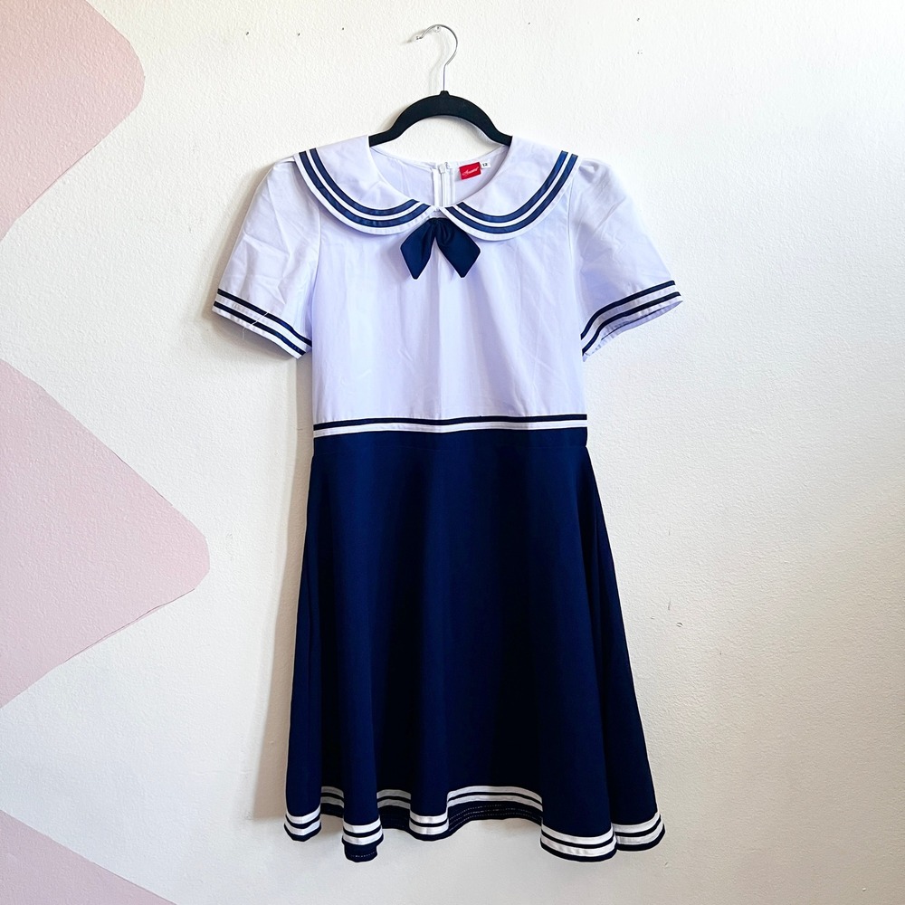 Sailor Dress‎ Flare Blue White Cosplay Costume Anime Nautical Sz Small